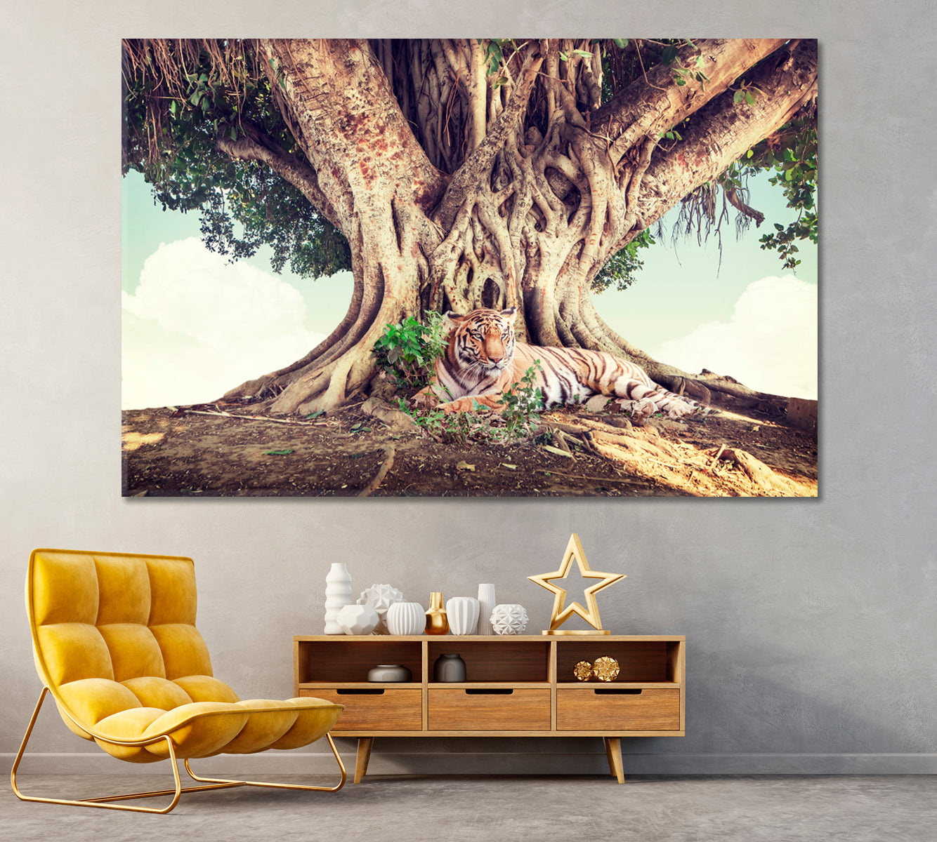 Tiger under Banyan Tree India Canvas Print ArtLexy 1 Panel 24"x16" inches 