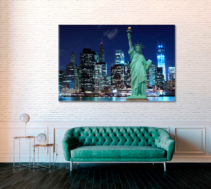 Statue of Liberty at Night with Manhattan Skyline Canvas Print ArtLexy 1 Panel 24"x16" inches 