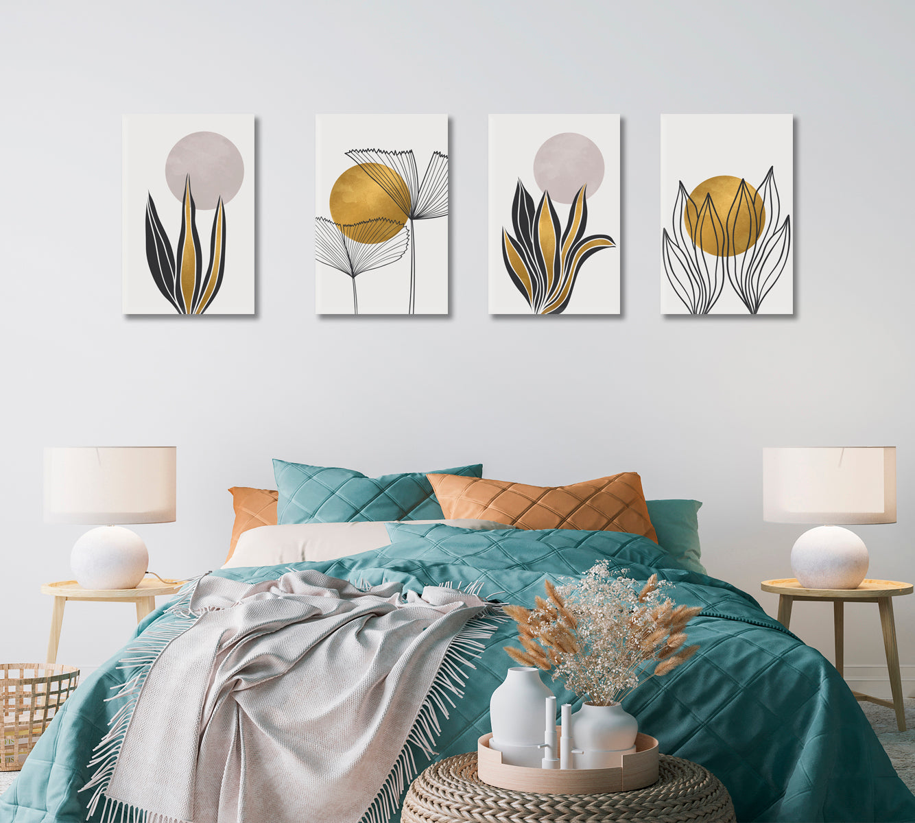 Set of 4 Vertical Abstract Golden Plant Leaves Canvas Print ArtLexy   