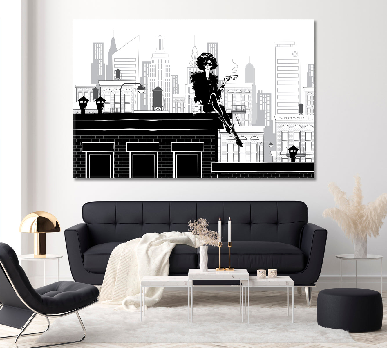 Girl on Rooftop in New York Canvas Print ArtLexy 1 Panel 24"x16" inches 