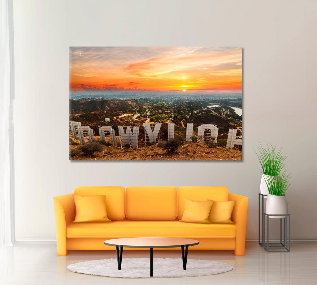 Colorful Sunset Over Hollywood Sign Canvas Print ArtLexy 1 Panel 24"x16" inches 