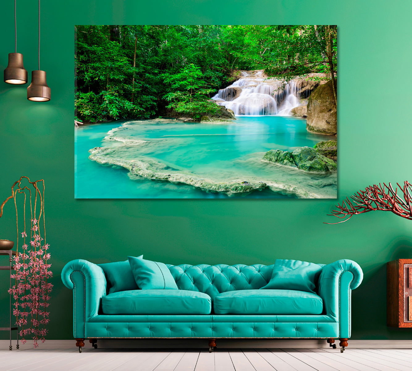 Waterfall in Tropical forest at Erawan National Park Thailand Canvas Print ArtLexy 1 Panel 24"x16" inches 