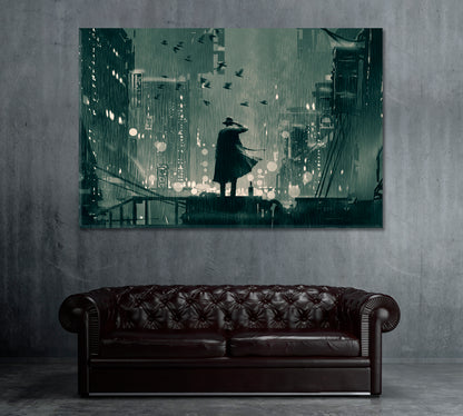 Detective Standing on Roof in Rainy Night Canvas Print ArtLexy 1 Panel 24"x16" inches 