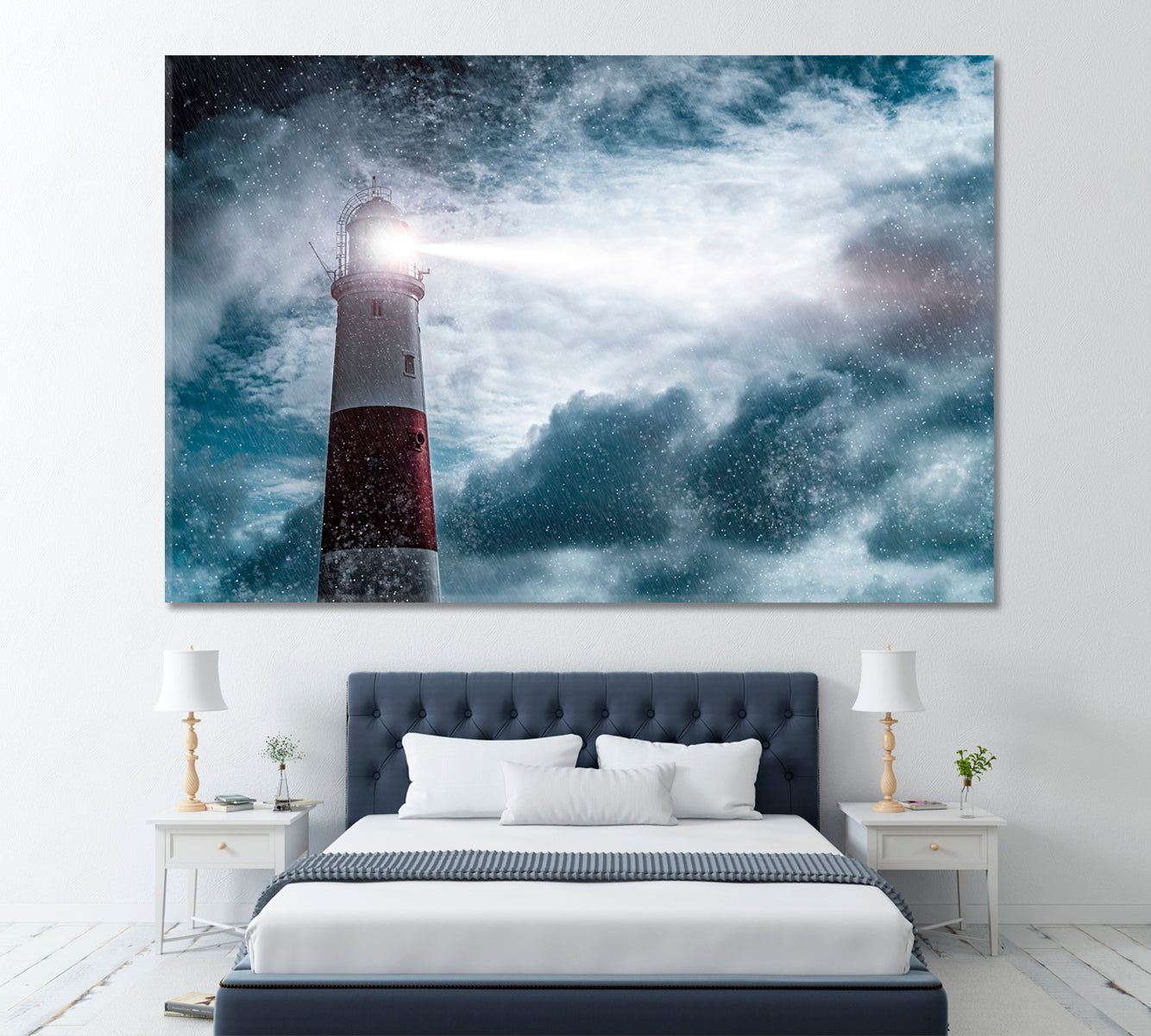 Lighthouse in Storm Shines in Sea Canvas Print ArtLexy 1 Panel 24"x16" inches 