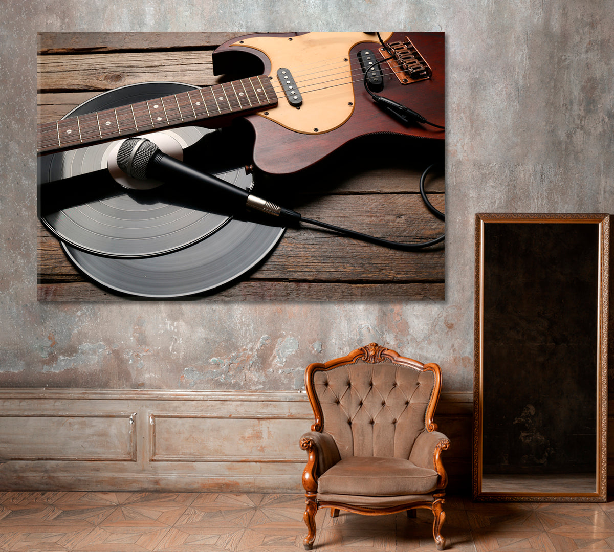 Electric Guitar and Vinyl Canvas Print ArtLexy 1 Panel 24"x16" inches 