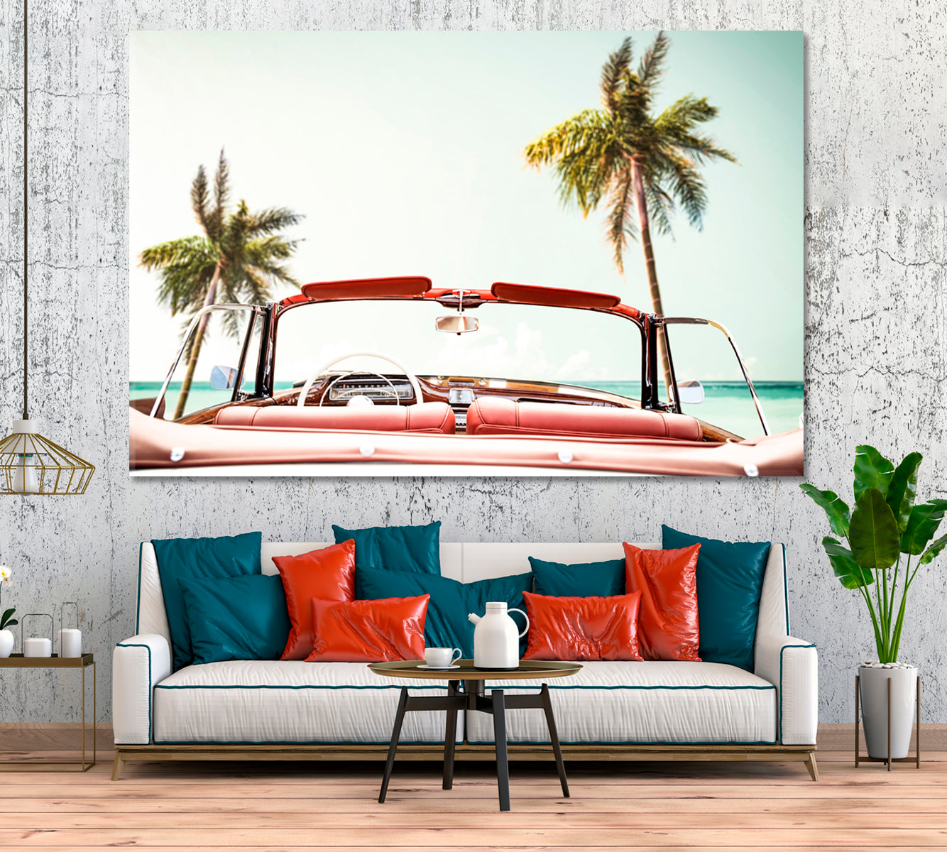 Summer Car on Beach With Palm Canvas Print ArtLexy 1 Panel 24"x16" inches 