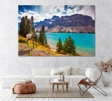Deer on Azure Lake and Rocky Mountains Canada Canvas Print ArtLexy 1 Panel 24"x16" inches 