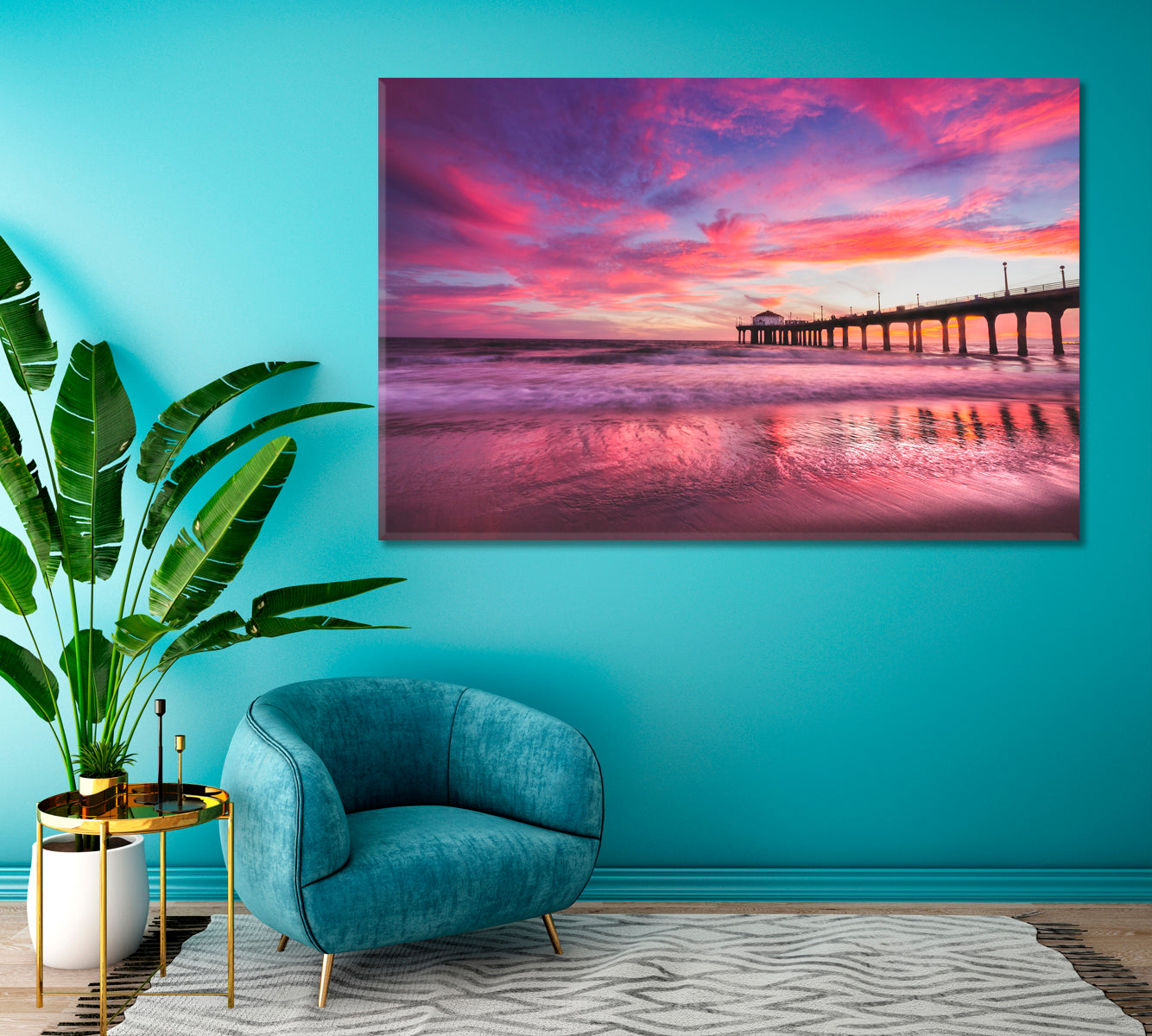Manhattan Beach Pier with Colorful Sunset Canvas Print ArtLexy 1 Panel 24"x16" inches 
