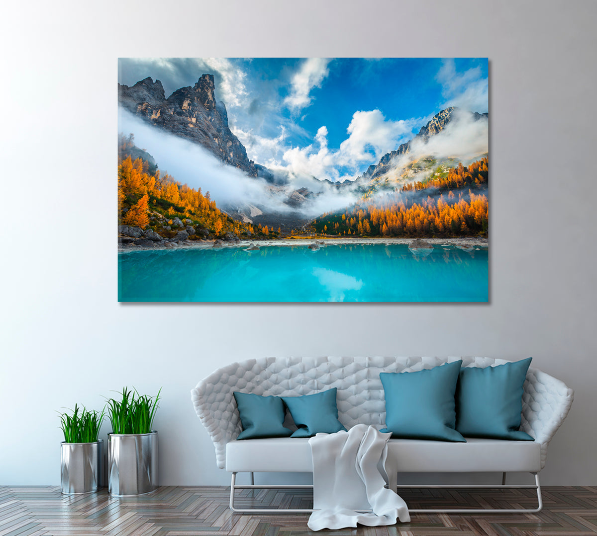 Misty Mountains with Lake Sorapis Dolomites Italy Canvas Print ArtLexy 1 Panel 24"x16" inches 