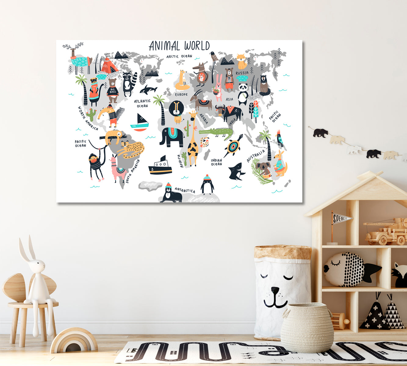 Animal World Map Canvas Print ArtLexy 1 Panel 24"x16" inches 