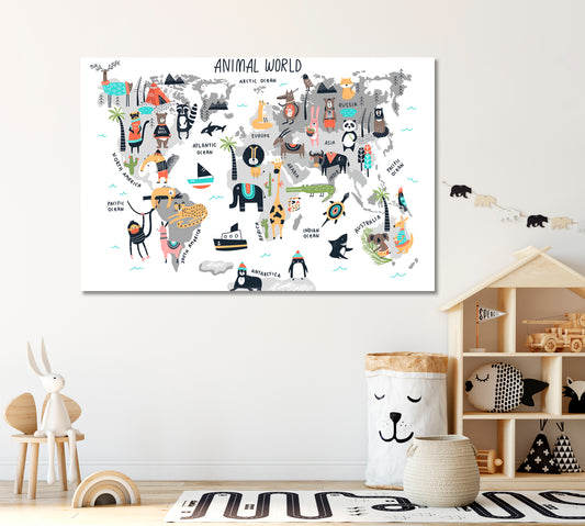 Animal World Map Canvas Print ArtLexy 1 Panel 24"x16" inches 