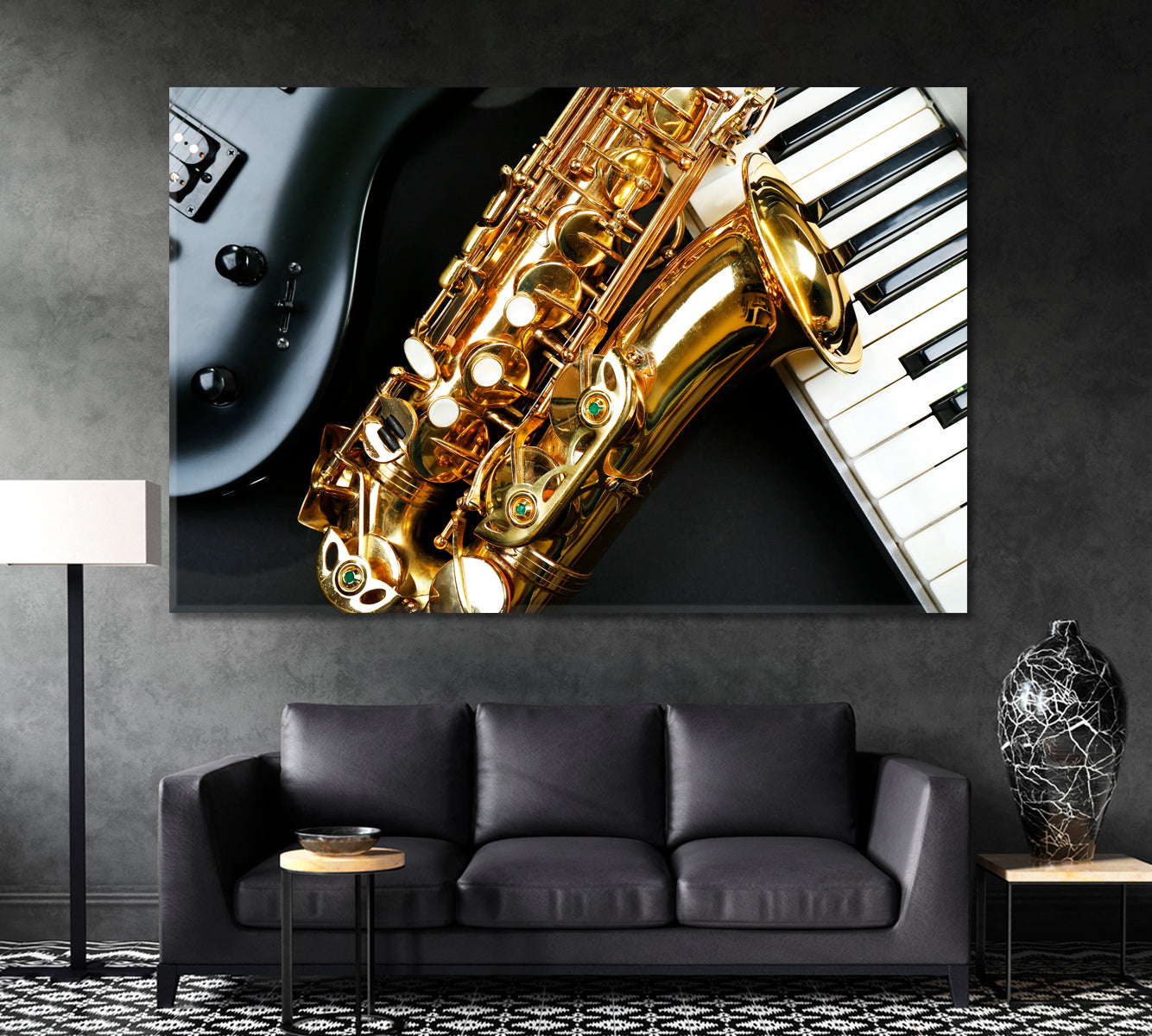 Electric Guitar with Saxophone and Piano Keys Canvas Print ArtLexy 1 Panel 24"x16" inches 