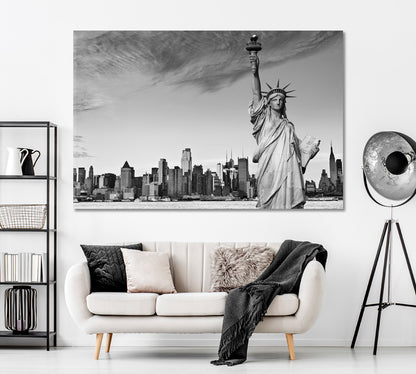 Statue of Liberty and Manhattan Cityscape in Black and White Canvas Print ArtLexy 1 Panel 24"x16" inches 