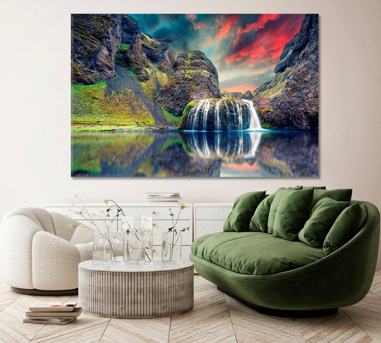 Stjornarfoss Waterfall at Sunset, Iceland Landscape Canvas Print ArtLexy 1 Panel 24"x16" inches 