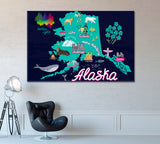 Map of Alaska USA with Attractions Canvas Print ArtLexy 1 Panel 24"x16" inches 