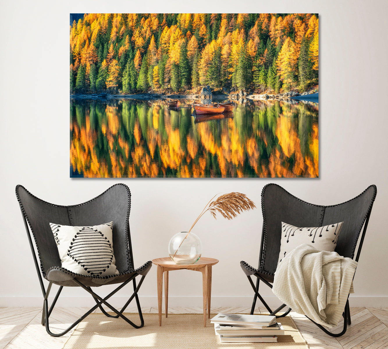 Wooden Boats in Braies Lake Autumn Dolomites Italy Canvas Print ArtLexy 1 Panel 24"x16" inches 