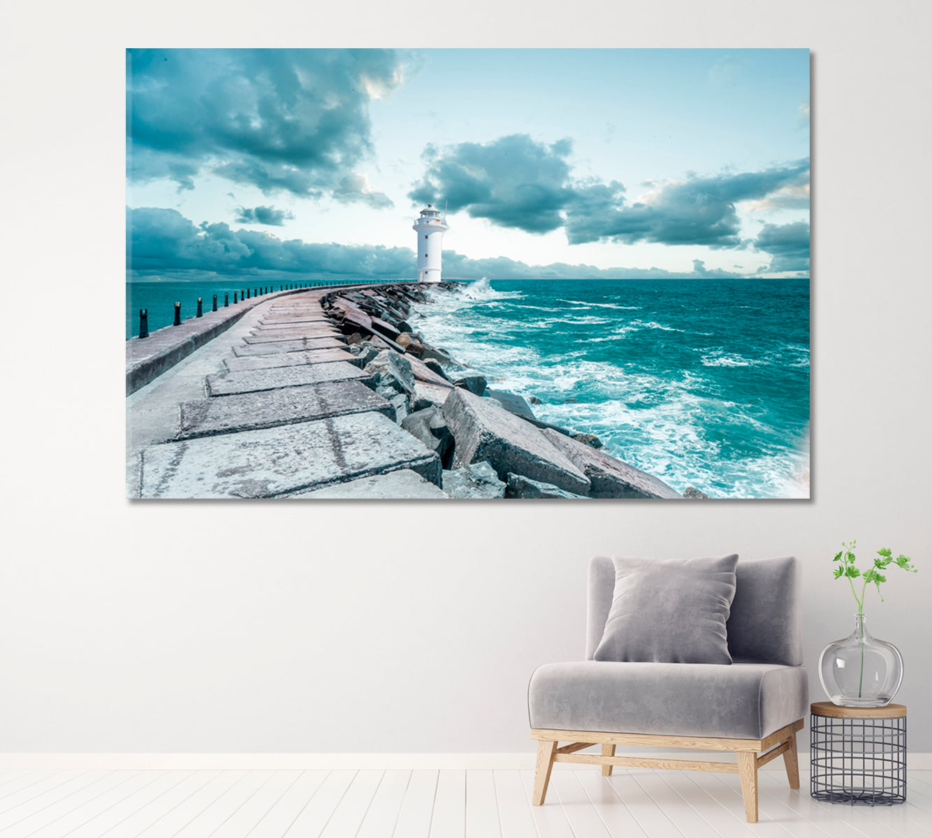 Stormy Waves over Lighthouse Canvas Print ArtLexy 1 Panel 24"x16" inches 