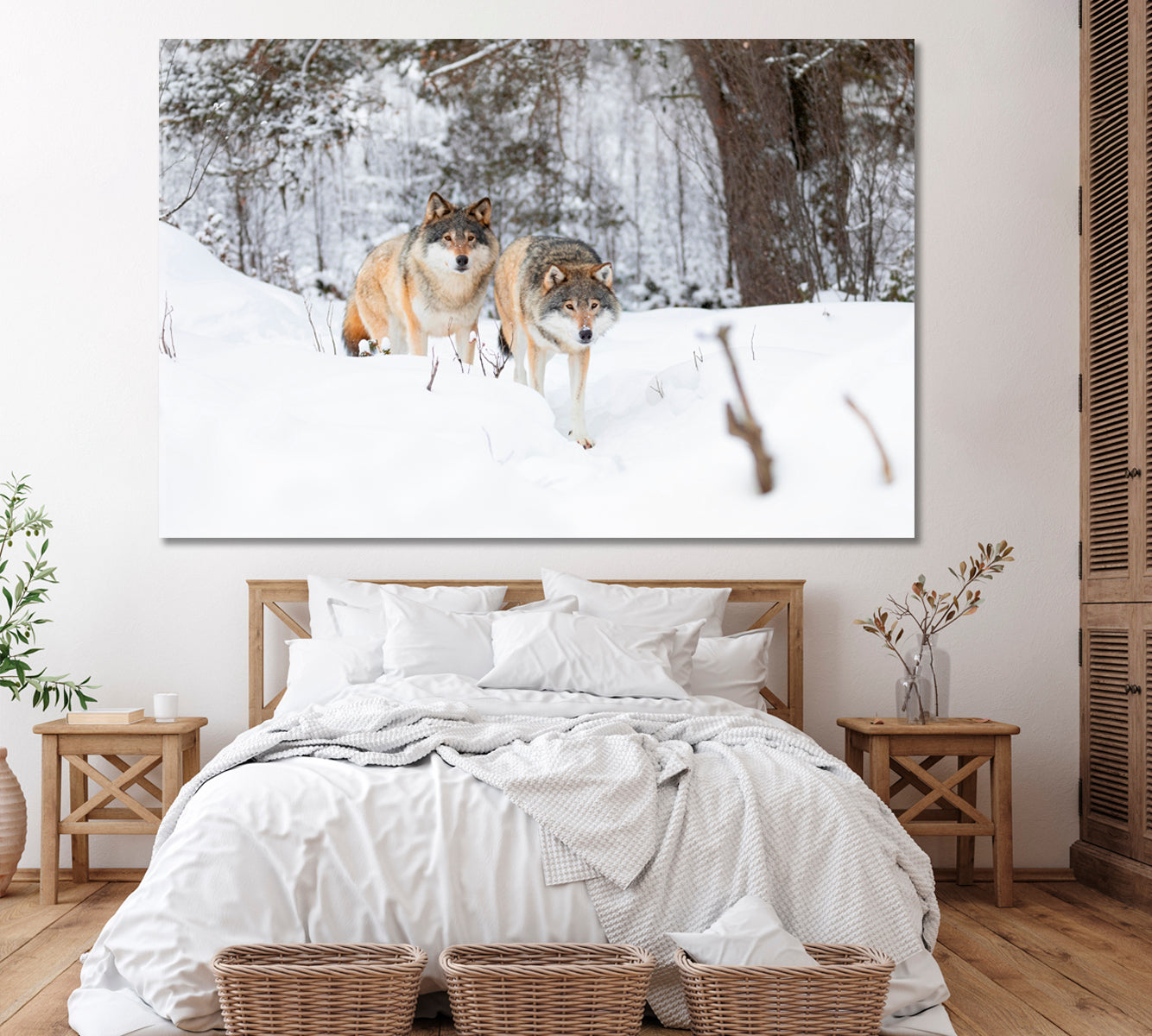Two Beautiful Wolves in Winter Forest Canvas Print ArtLexy 1 Panel 24"x16" inches 