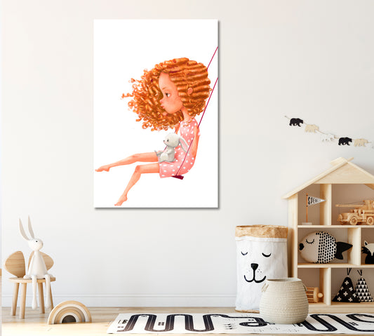Girl on Swing with Rabbit Canvas Print ArtLexy 1 Panel 16"x24" inches 