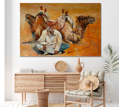 Old Bedouin with Camels in Desert Canvas Print ArtLexy 1 Panel 24"x16" inches 