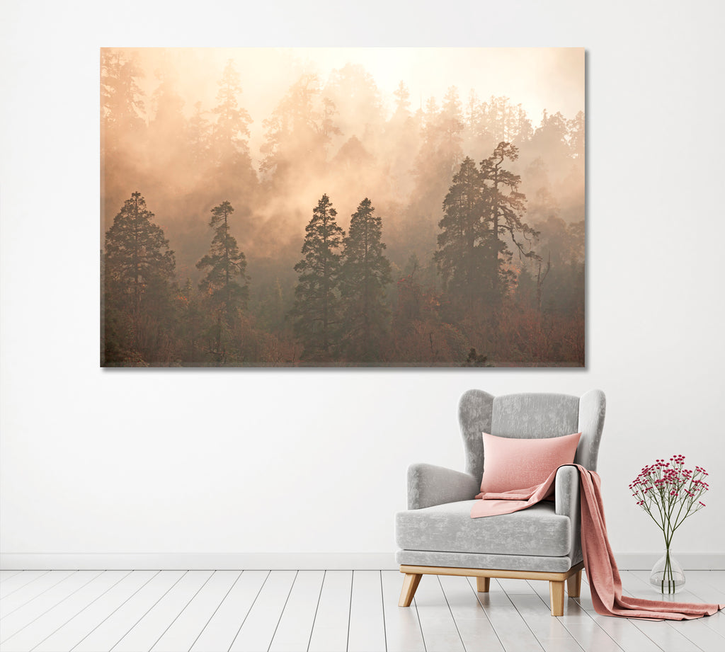 Himalayan Foggy Pine Forest Canvas Print ArtLexy 1 Panel 24"x16" inches 