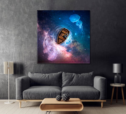 Boy in Wooden Boat Looks at Fabulous Jellyfish Canvas Print ArtLexy   