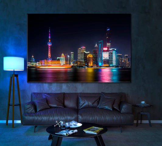 Shanghai Skyline with Huangpu River Canvas Print ArtLexy 1 Panel 24"x16" inches 