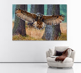 Flying Eurasian Eagle Owl in Forest Canvas Print ArtLexy 1 Panel 24"x16" inches 