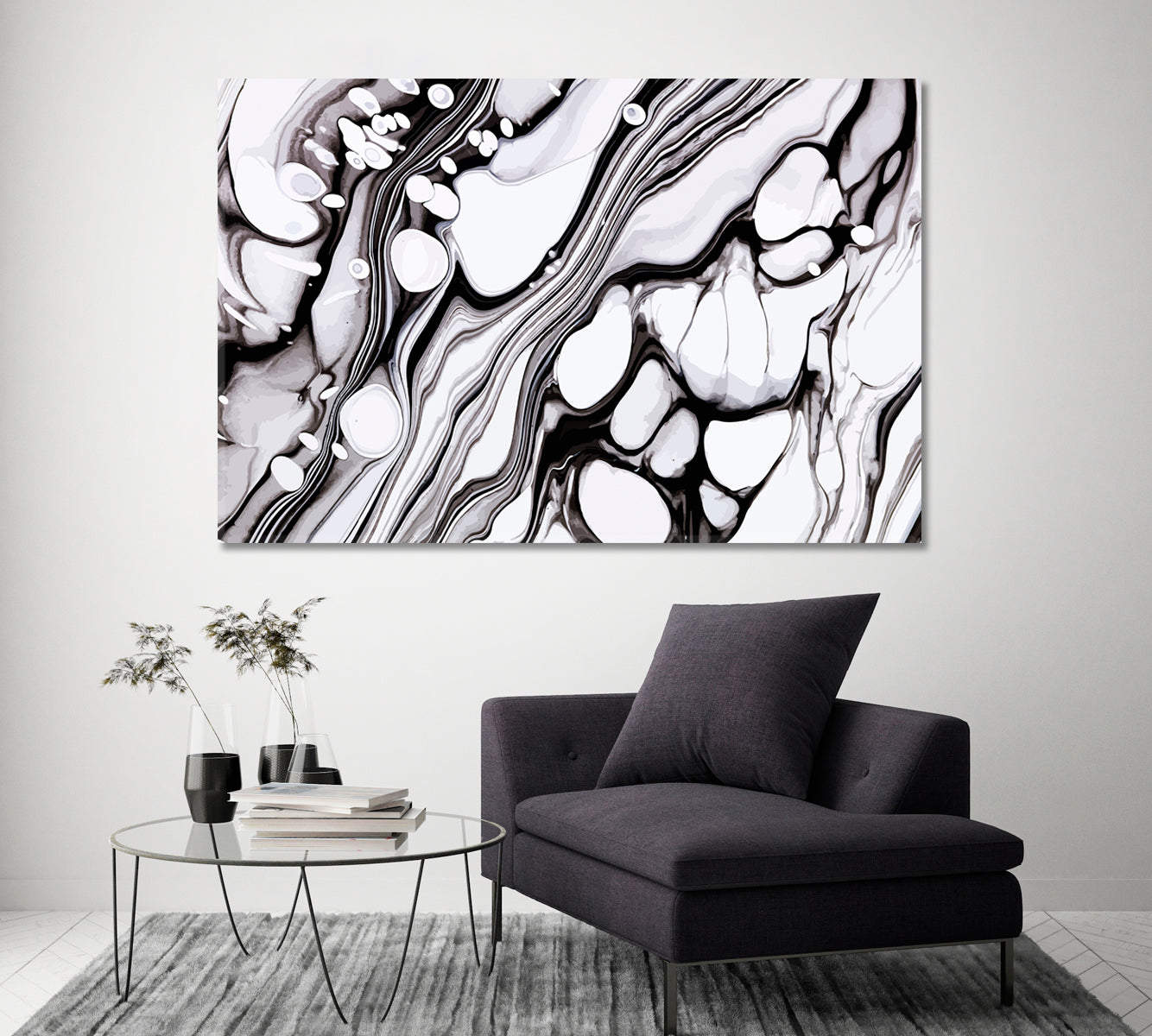 Abstract Black & White Fluid Marble Waves Canvas Print ArtLexy 1 Panel 24"x16" inches 