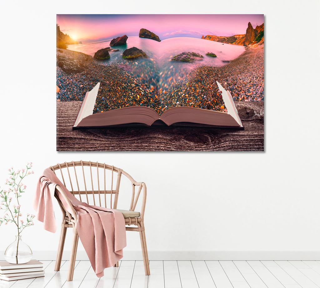 Sunrise over Sea Bay on Pages of Magical Book Canvas Print ArtLexy 1 Panel 24"x16" inches 