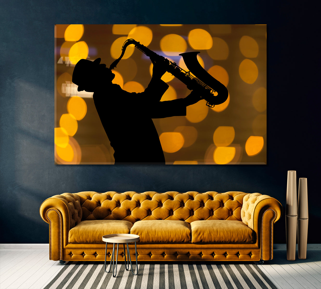 Saxophonist Against Beautiful Lights Canvas Print ArtLexy 1 Panel 24"x16" inches 