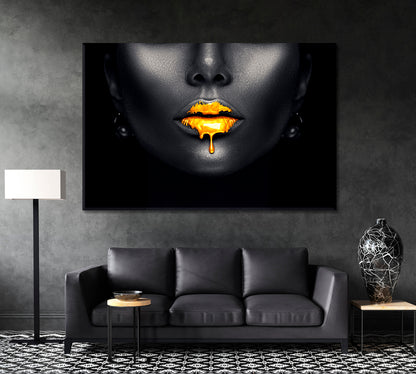 Beautiful Lips with Golden Drops Canvas Print ArtLexy 1 Panel 24"x16" inches 