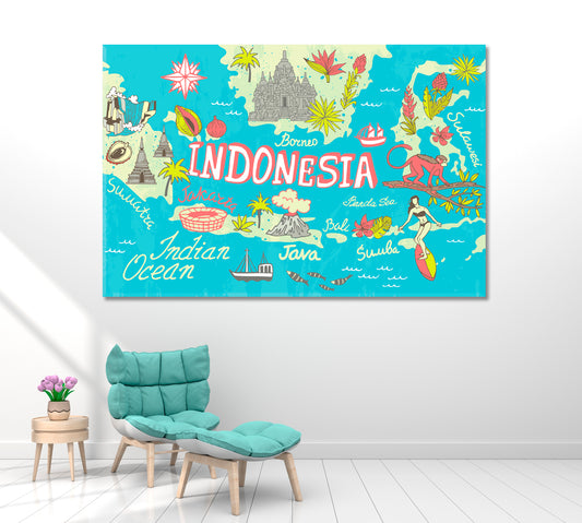 Map of Indonesia with Attractions Canvas Print ArtLexy 1 Panel 24"x16" inches 
