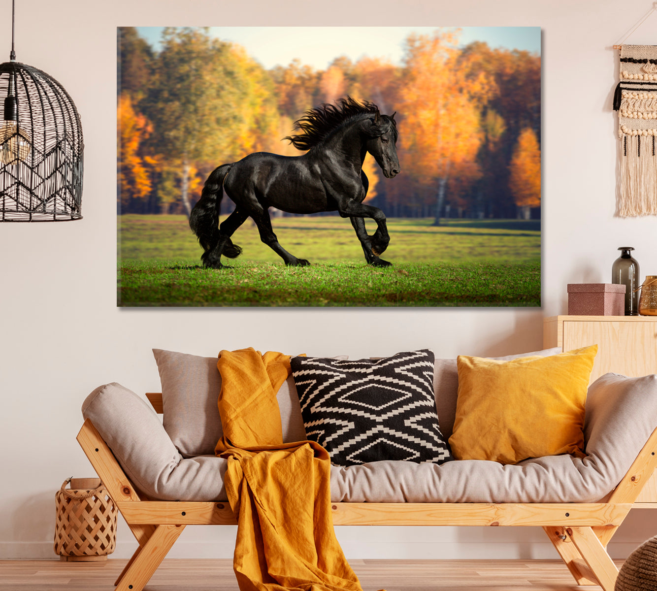 Black Friesian Horse in Autumn Forest Canvas Print ArtLexy 1 Panel 24"x16" inches 