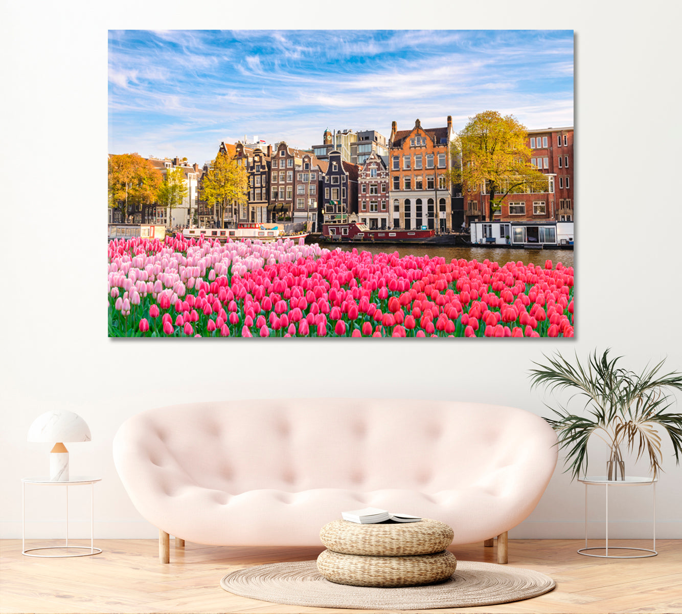 Dutch House with Spring Tulips Flowers Canvas Print ArtLexy 1 Panel 24"x16" inches 