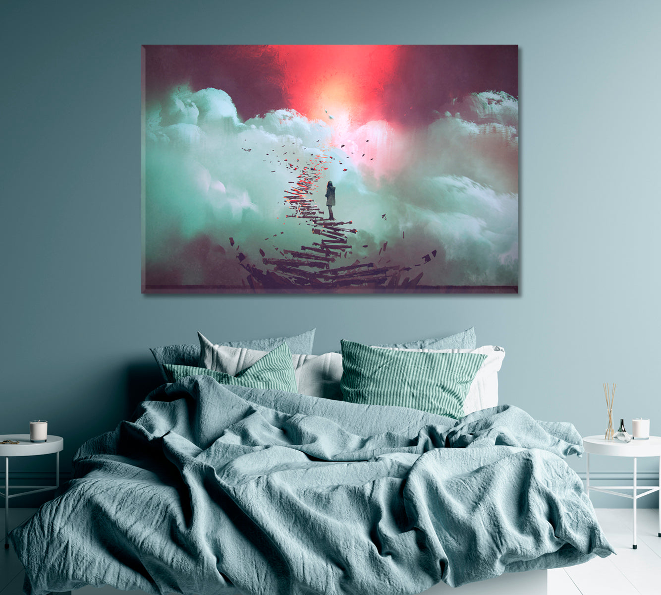 Woman Stands on Broken Staircase Leading to Sky Canvas Print ArtLexy 1 Panel 24"x16" inches 