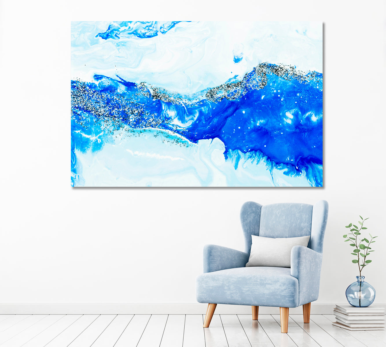 Abstract Blue Ocean with Silver Glitter Canvas Print ArtLexy 1 Panel 24"x16" inches 
