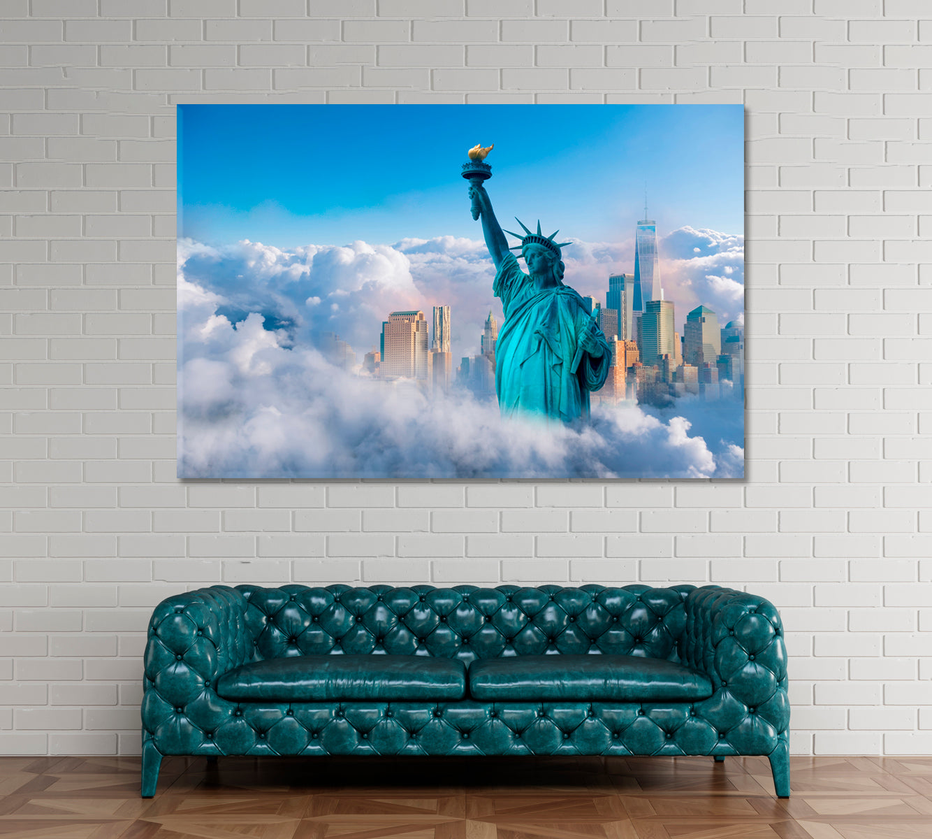 New York City with Statue of Liberty in Clouds Canvas Print ArtLexy 1 Panel 24"x16" inches 