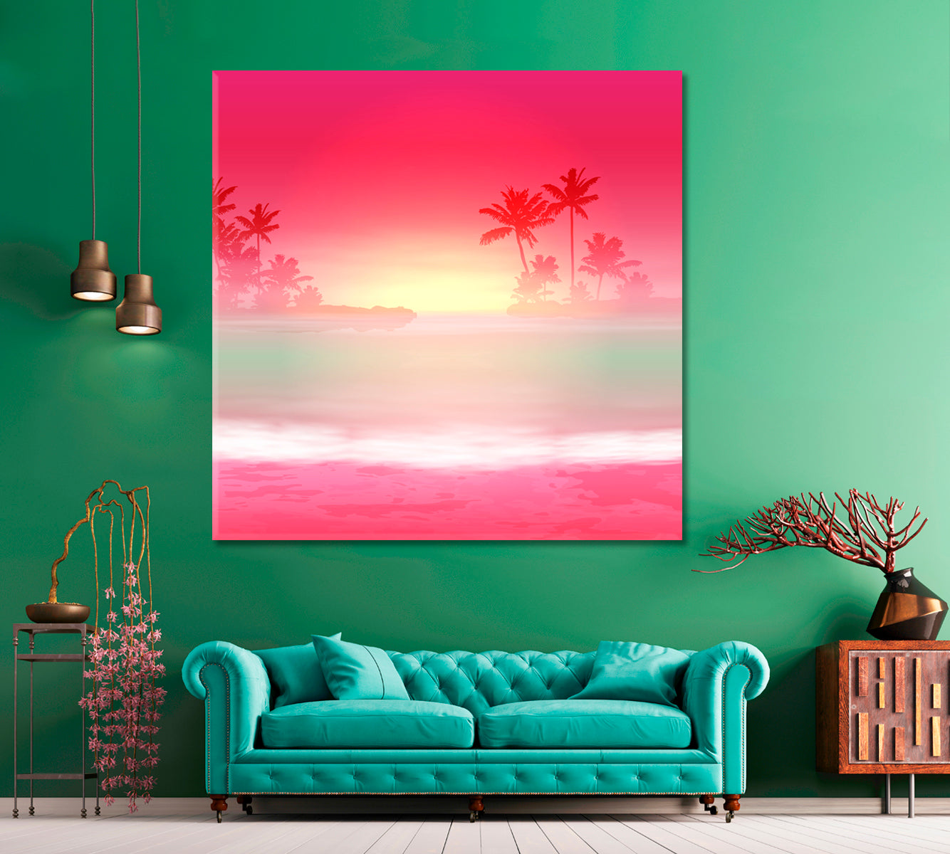 Sea with Palm Trees at Sunset Canvas Print ArtLexy 1 Panel 12"x12" inches 