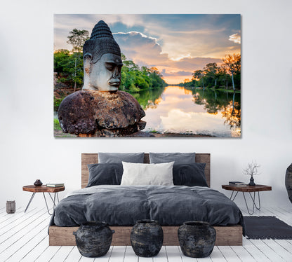 Ancient Statue near South Gate of Angkor Thom Cambodia Canvas Print ArtLexy 1 Panel 24"x16" inches 