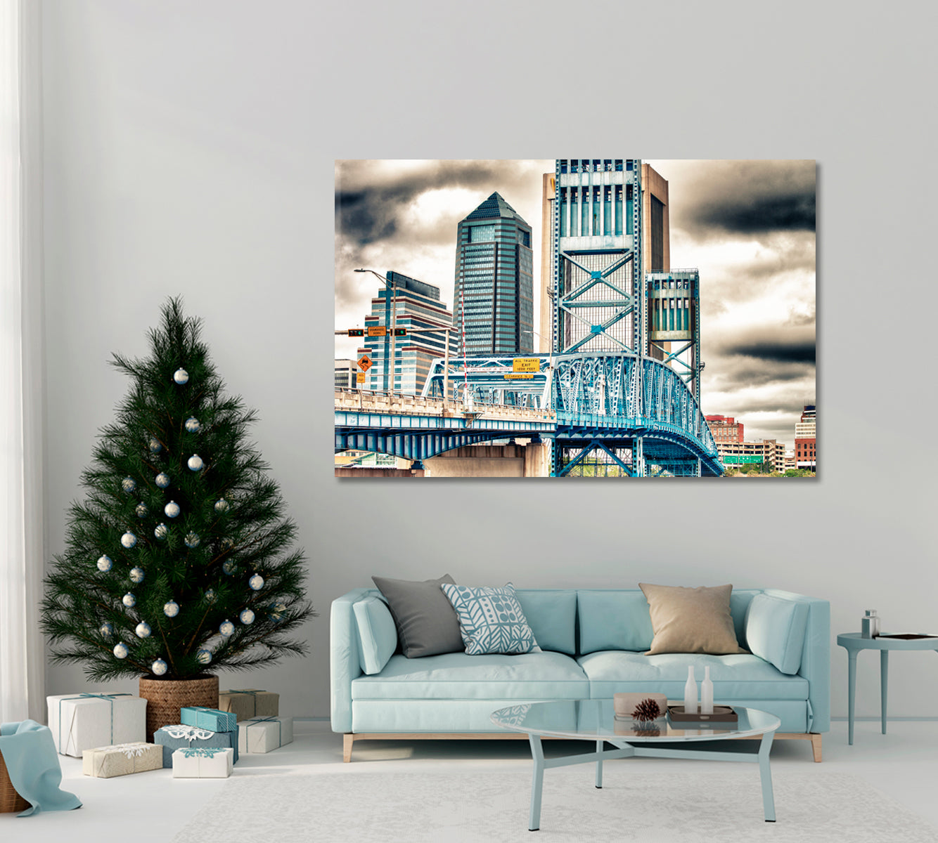 Jacksonville Skyline with Bridge on Cloudy Day Canvas Print ArtLexy 1 Panel 24"x16" inches 