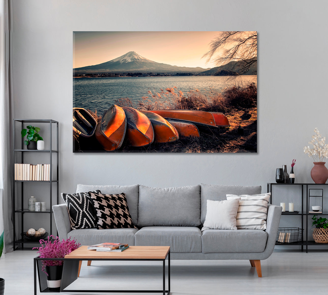 Mount Fuji and Kawaguchi Lake with Old Boats Japan Canvas Print ArtLexy   