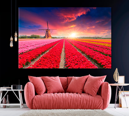 Tulip Fields and Windmill Netherlands Canvas Print ArtLexy 1 Panel 24"x16" inches 