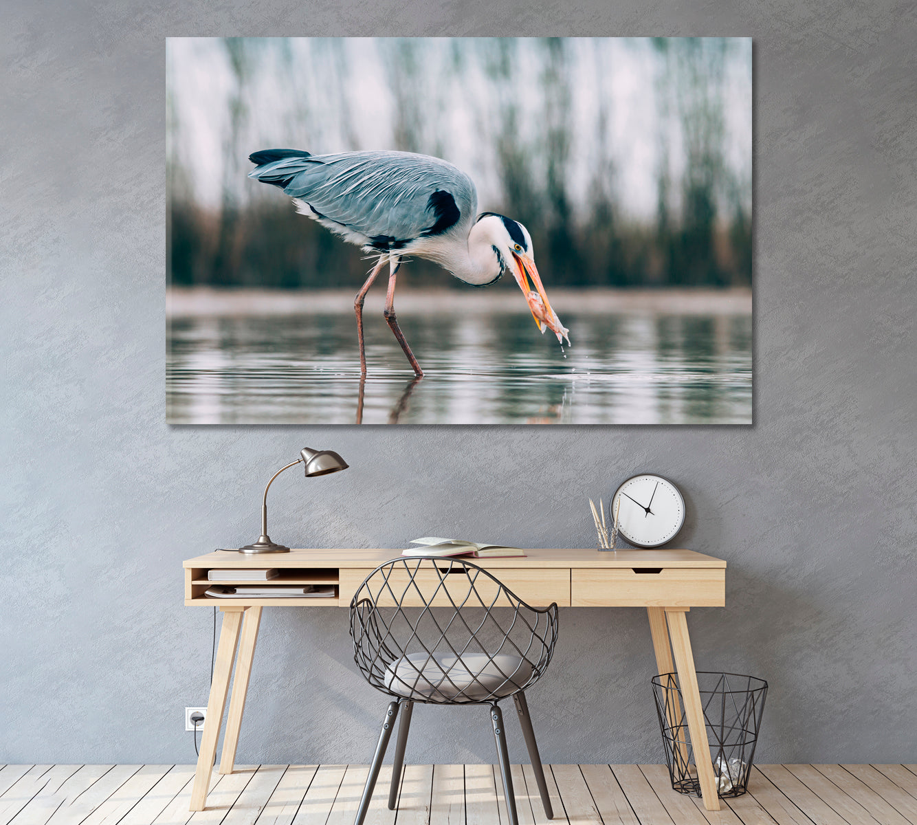 Grey Heron Fishing on Lake Canvas Print ArtLexy   