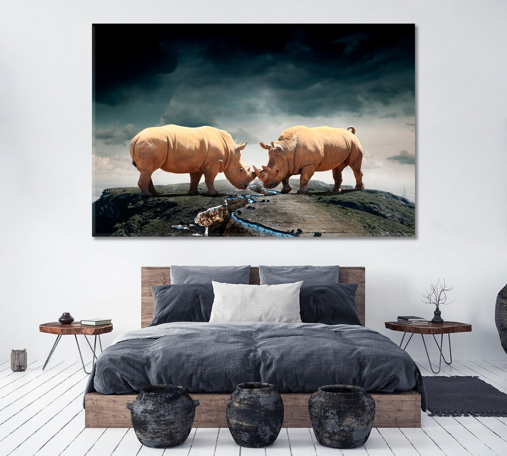 Two Rhinos Fight Canvas Print ArtLexy 1 Panel 24"x16" inches 