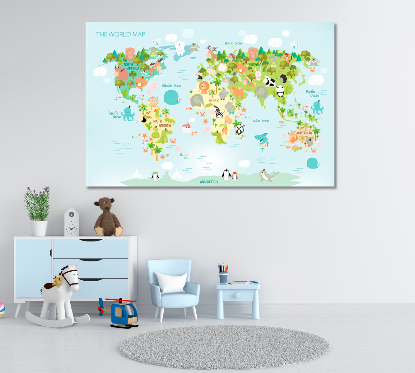 Cartoon Animals World Map Canvas Print ArtLexy 1 Panel 24"x16" inches 