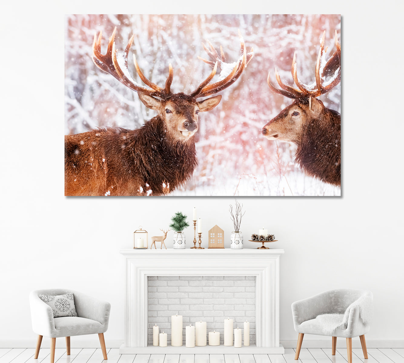 Two Deer in Winter Forest Canvas Print ArtLexy 1 Panel 24"x16" inches 