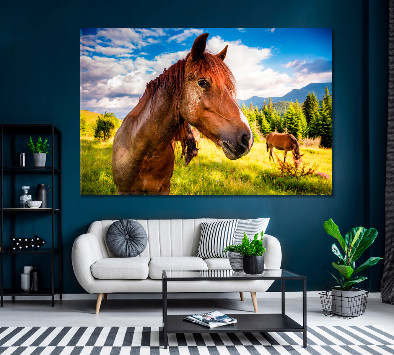 Horses Graze in Carpathian Mountains Ukraine Canvas Print ArtLexy 1 Panel 24"x16" inches 