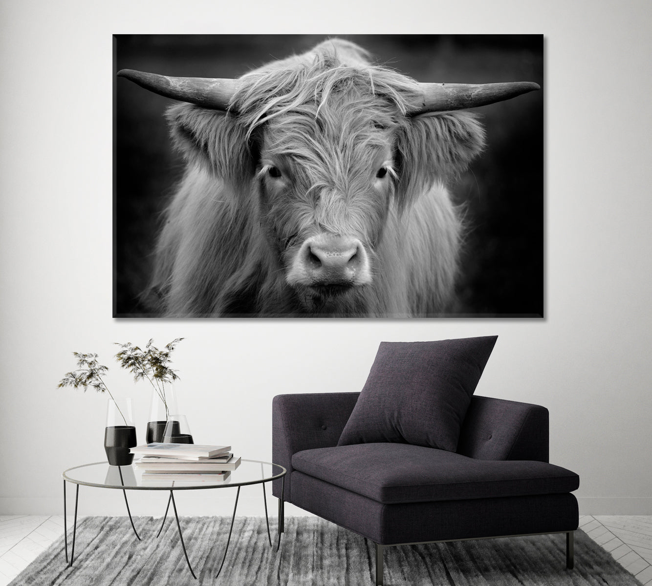 Highland Cow in Black and White Canvas Print ArtLexy 1 Panel 24"x16" inches 