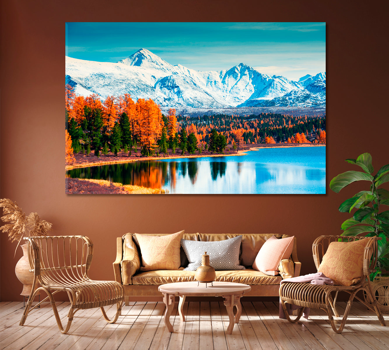 Mountains with Autumn Forest on Kidelu Lake Siberia Russia Canvas Print ArtLexy 1 Panel 24"x16" inches 